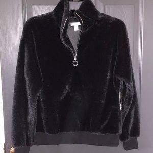 Nine West black faux fur quarter zip